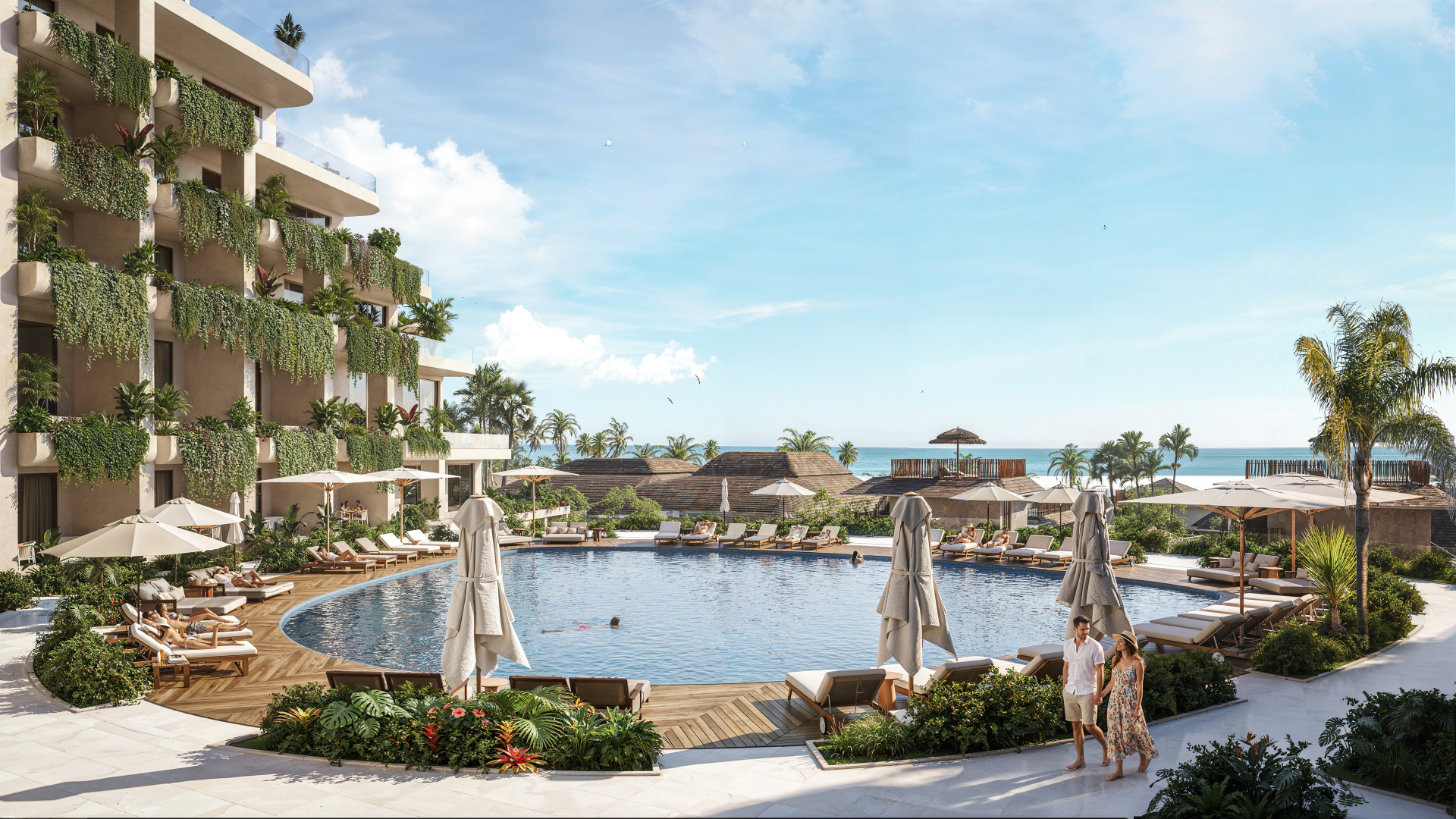 Main resort pool framed by tropical gardens