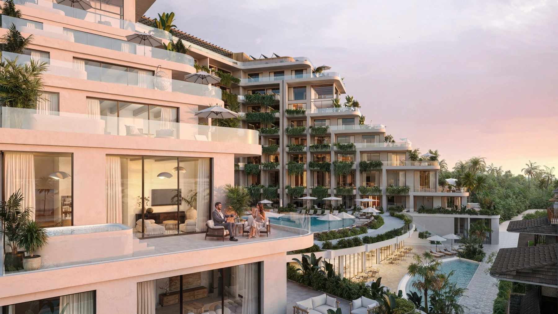 The resort façade with planted terraces