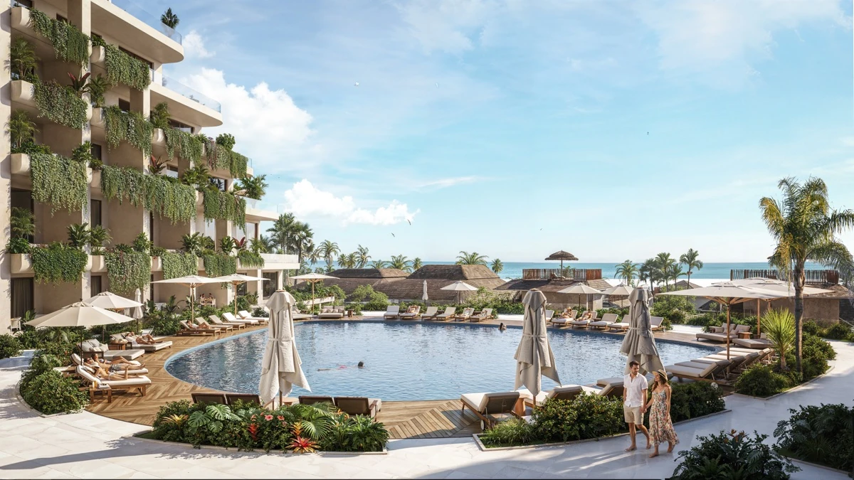 Planted terraces above the pool court