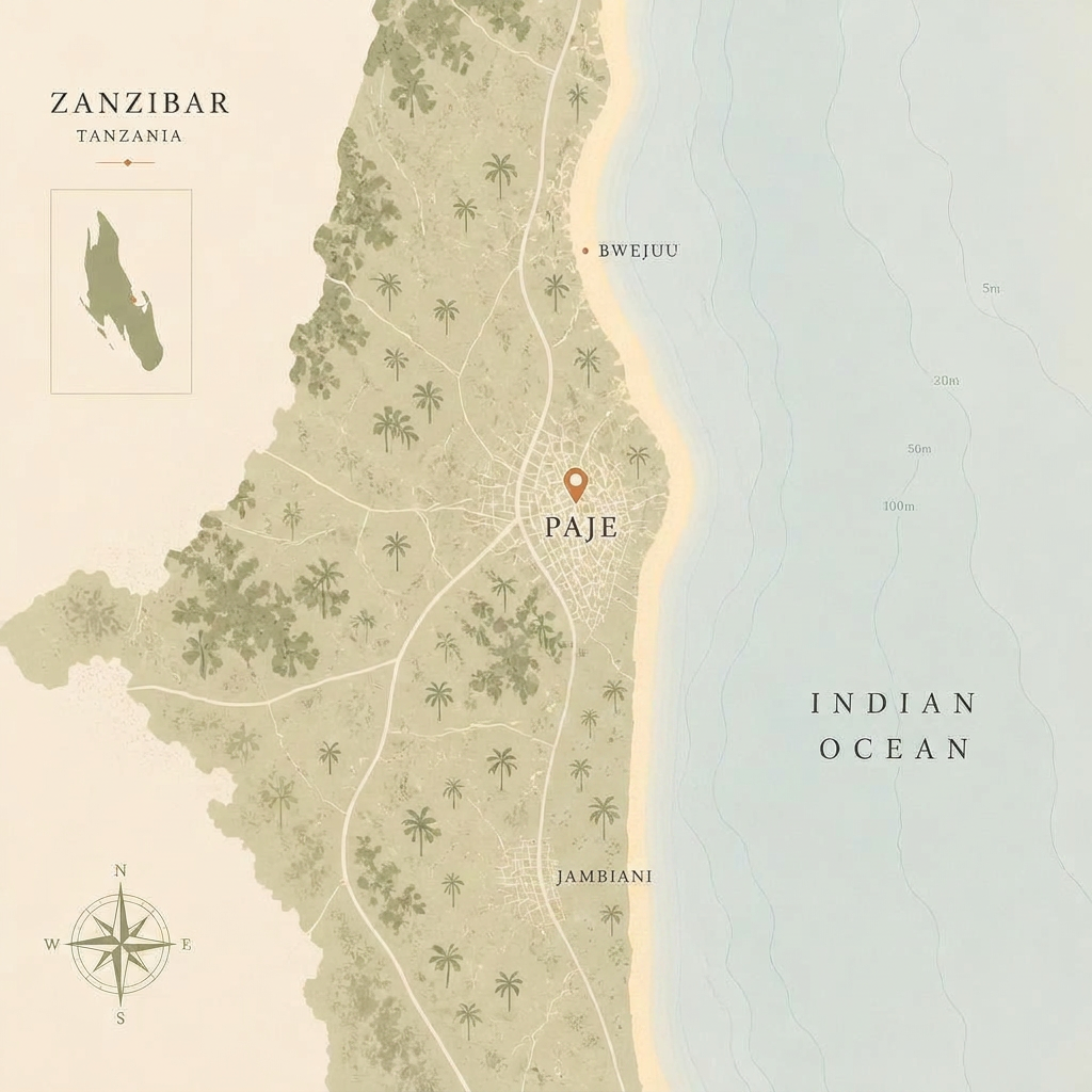 Illustrated map of Paje on the east coast of Zanzibar, showing Samawa Beach Resort's beachfront location